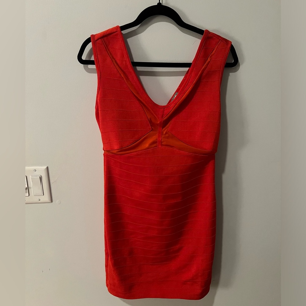 Hot red orange bandage mini with sheer detail